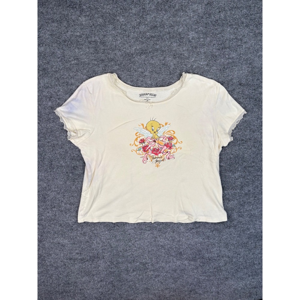 Looney Tunes Tweety Bird Sweet Angel Graphic Shirt Cream 2X Y2K 2007 Sequin Mesh
